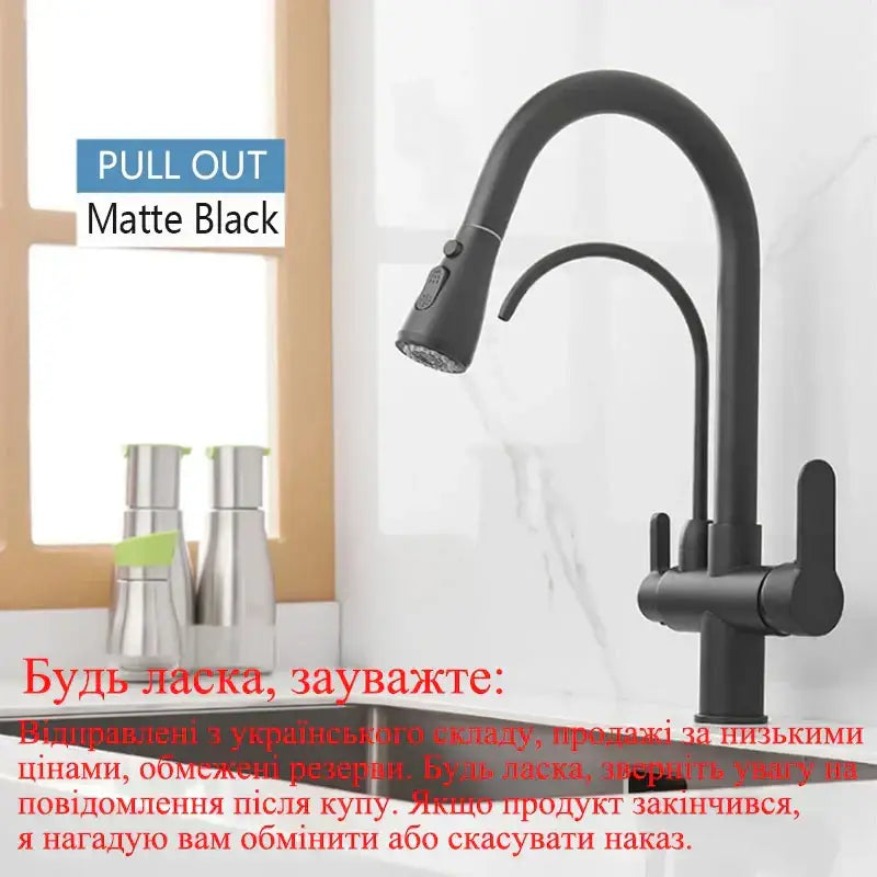 Matte black DecorBites black gold filter kitchen faucet with dual spout handles and sleek curved pull-out spray head