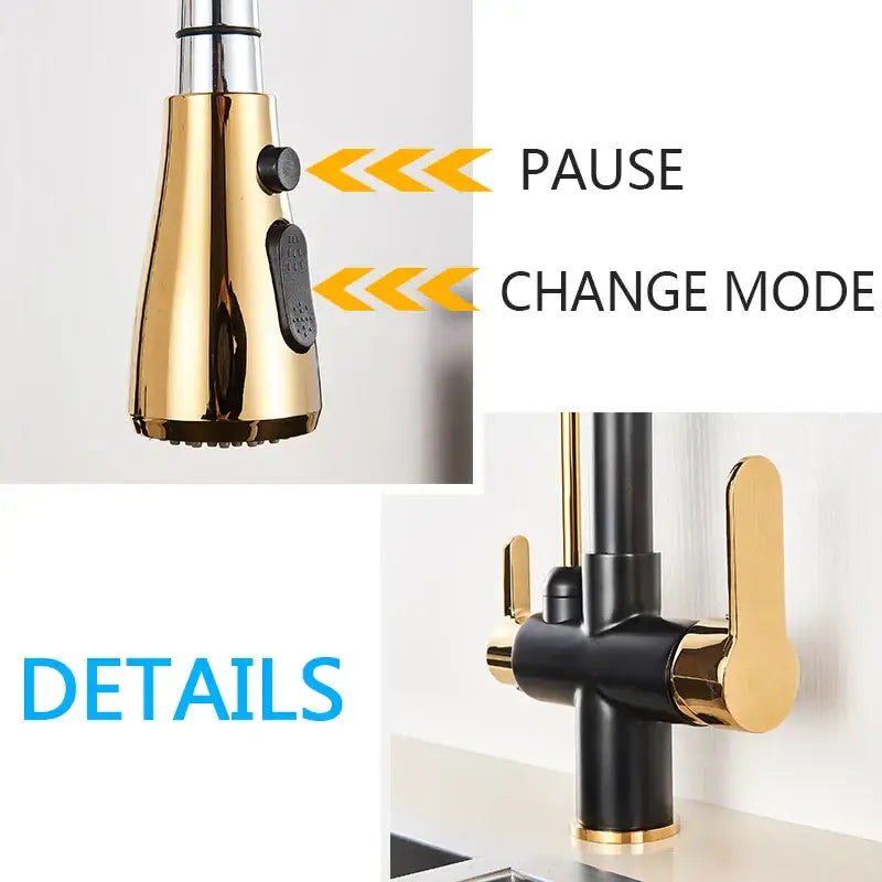 Decorbites black gold filter kitchen faucet in black gold with dual spout handles and pull-down spray head controls