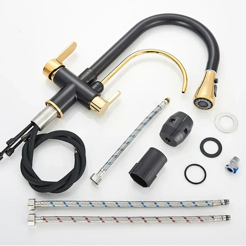 Decorbites black gold filter kitchen faucet with dual spout pull-down spray head brushed metal accents and braided hoses