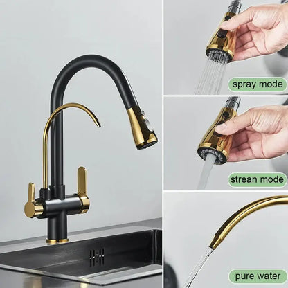 Decorbites black gold filter kitchen faucet with dual handles and pull-down spray head offering stream and spray modes