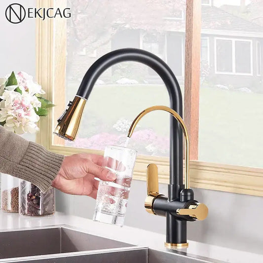Decorbites black gold filter kitchen faucet with dual spout handles and pull-down spray head in black gold finish