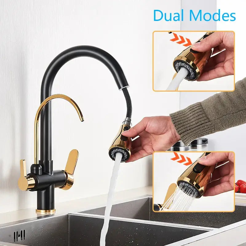 Decorbites black gold filter kitchen faucet with dual spout handles black gold finish and pull-down spray head
