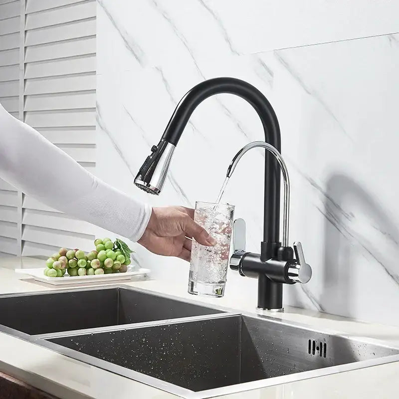 Black gold filter kitchen faucet by decorbites with dual chrome and black spout handles and pull-down spray head