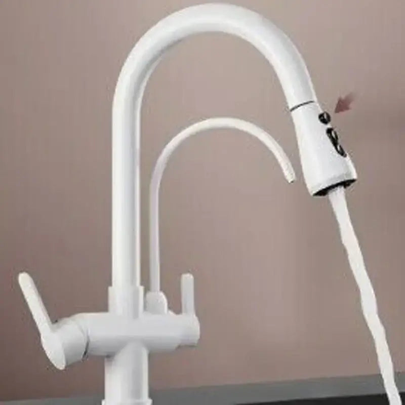 White modern kitchen faucet with curved spout and pull-out spray head in decorbites black gold filter design