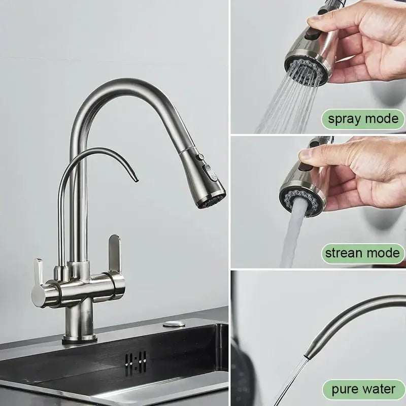 Decorbites black gold filter kitchen faucet with stainless steel curved spout and pull-down spray head in black gold finish