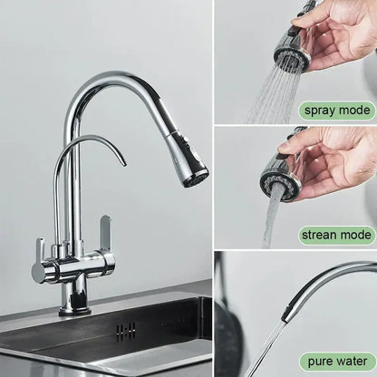 Chrome-finished decorbites black gold filter kitchen faucet with sleek curved spout and dual-handle control