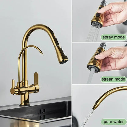 Decorbites black gold filter kitchen faucet in gold with sleek pull-down spray head and multiple water flow modes