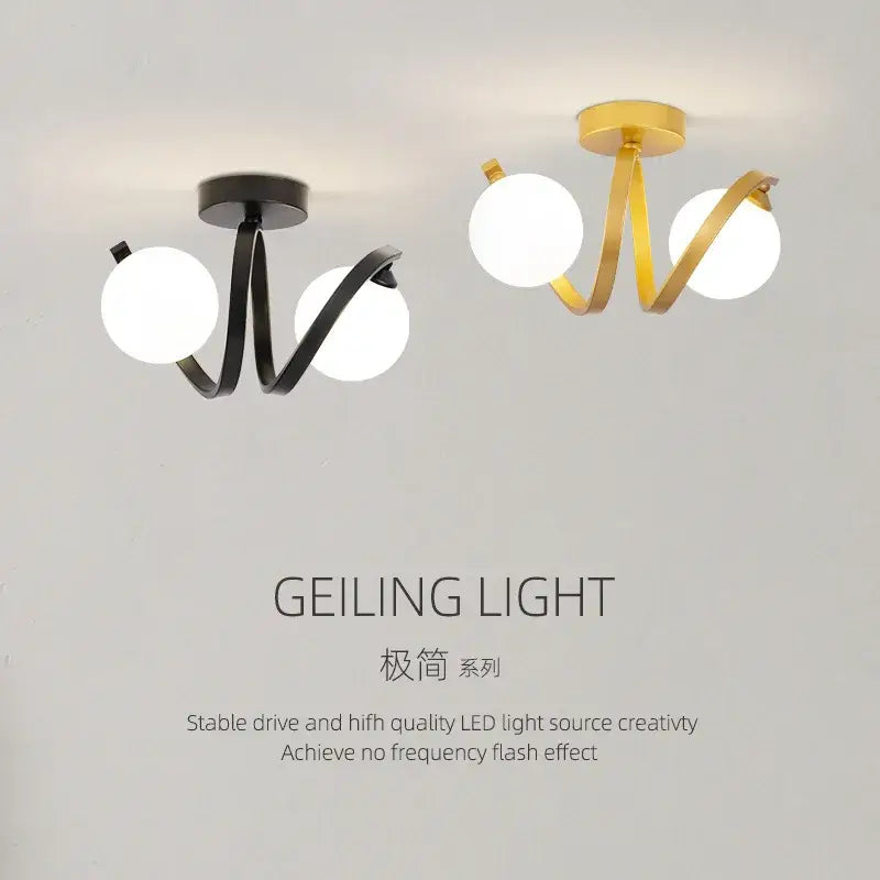 Modern DecorBites black gold ceiling light with sleek twisted metal arms and white glass bulbs for indoor use