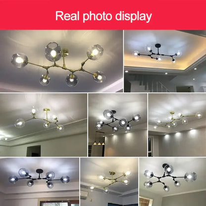 Modern DecorBites black gold pendant light with clear glass globe bulbs and black metal arms for dining room loft decor