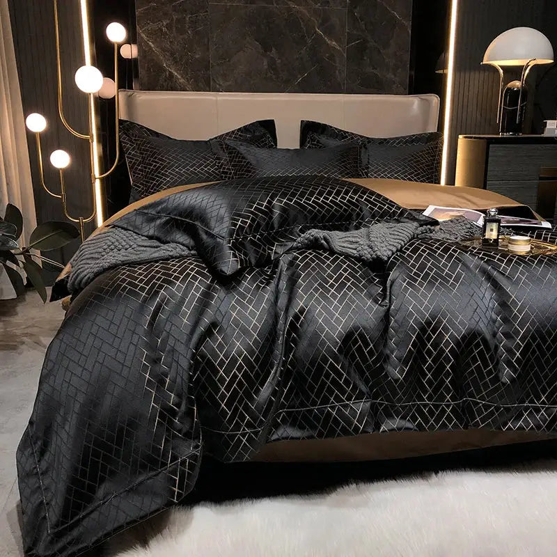 Decorbites black gold egyptian cotton bedding set featuring a black satin duvet cover with silver geometric lattice pattern