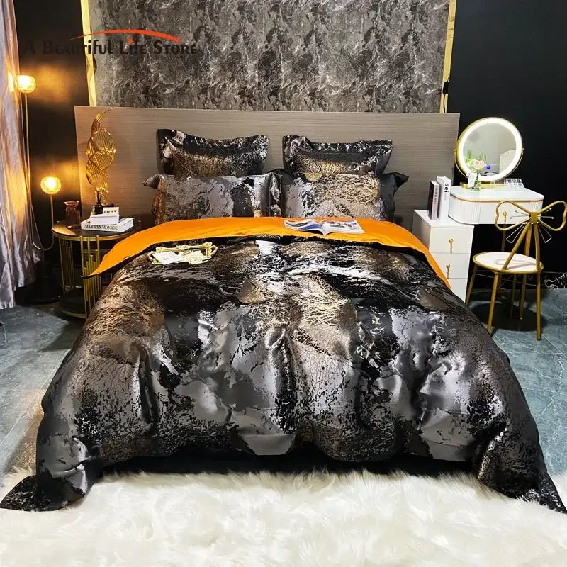 Decorbites black gold jacquard egyptian cotton bedding set with black and gold metallic satin duvet cover and pillowcases