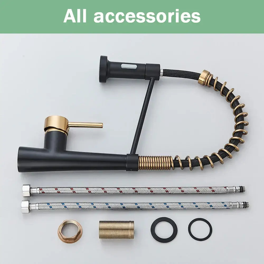 DecorBites black gold kitchen faucet with black matte finish gold accents and flexible braided pull down sprayer hose