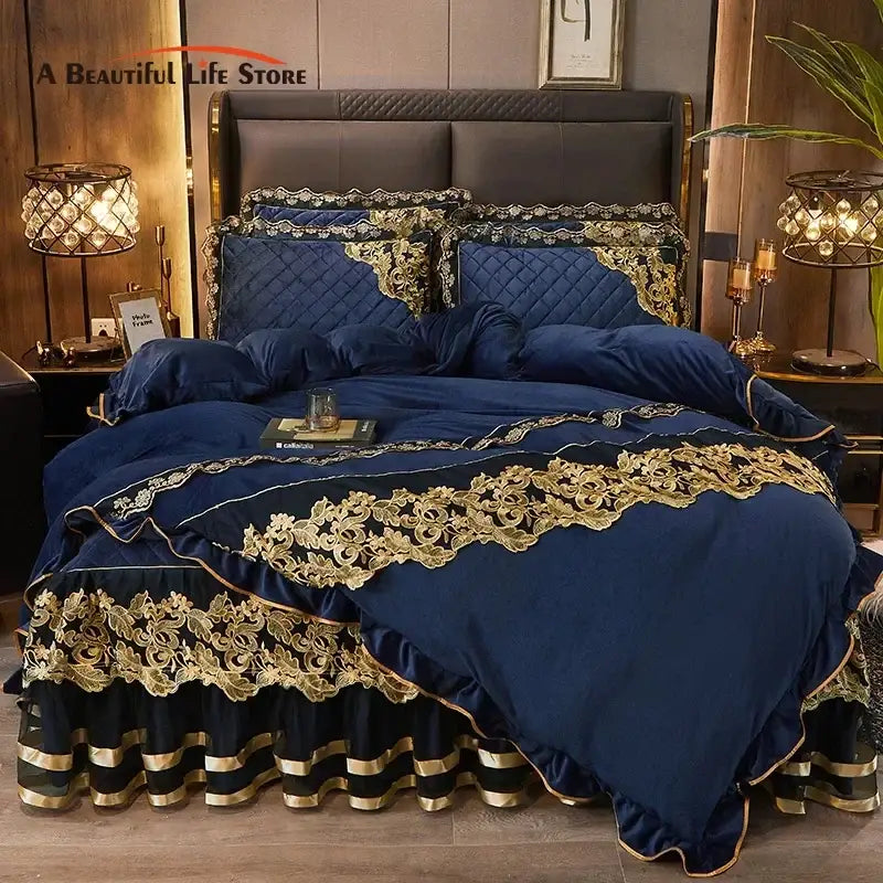 Luxurious navy blue satin duvet set with intricate gold lace quilted embroidery from decorbites black gold lace collection