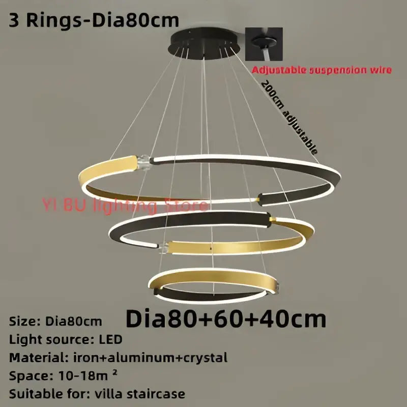 Modern three-tiered DecorBites black gold LED ceiling chandelier with concentric rings in black gold and white finishes