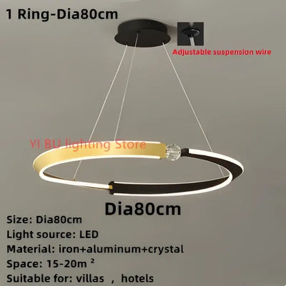 Modern circular decorbites black gold led chandelier with sleek black and gold rings and adjustable suspension for versatile install