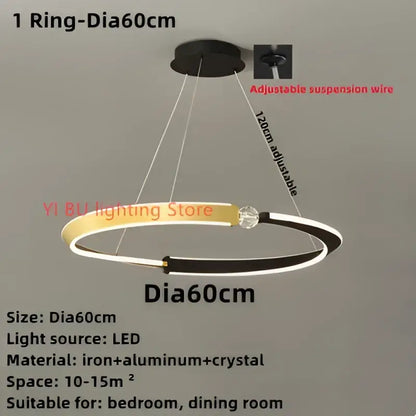 A sleek decorbites black gold led ceiling chandelier with a circular black and gold ring and adjustable suspension wire
