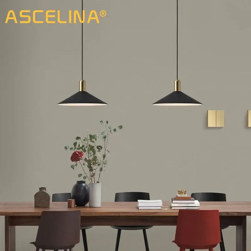 Black conical decorbites black gold led pendant lights with brass accents hanging for home restaurant loft bar decor