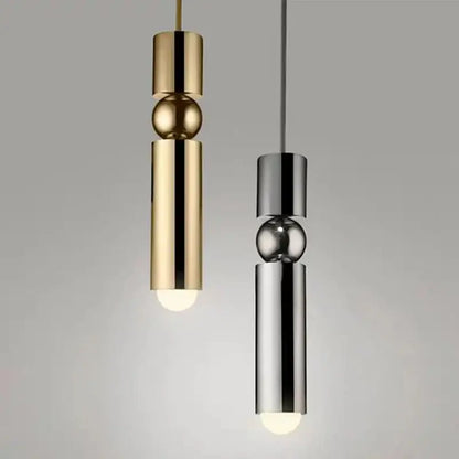 Two modern decorbites black gold led tube pendant lamps in brushed gold and polished chrome with cylindrical bodies and spherical accents