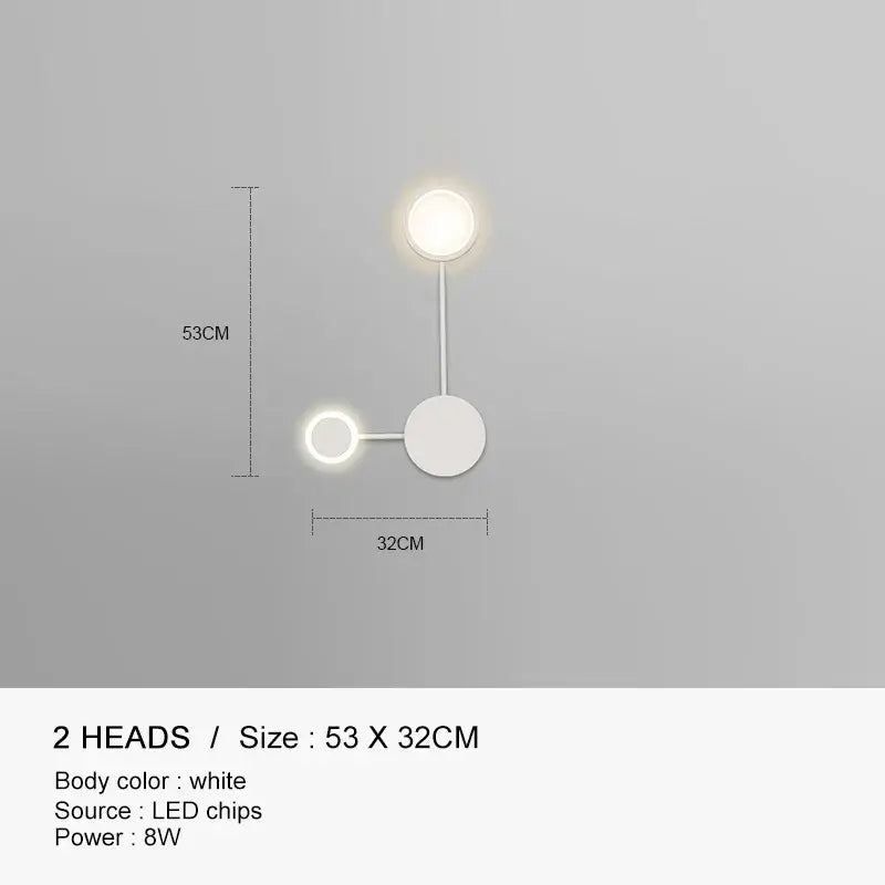 White minimalist wall lamp with two circular led heads by decorbites black gold for indoor bedroom and living room use