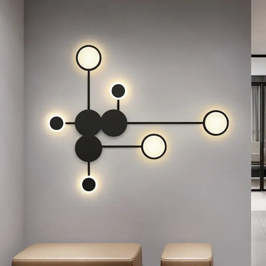Black molecular-style wall lamp with glowing circular lights decorbites black gold led for indoor bedroom and living room