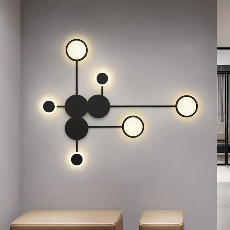 Black molecular-style wall lamp with glowing circular lights decorbites black gold led for indoor bedroom and living room