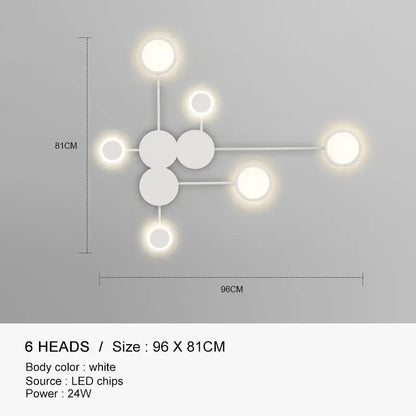 White modern wall lamp with six circular led heads in decorbites black gold led style for indoor bedroom lighting