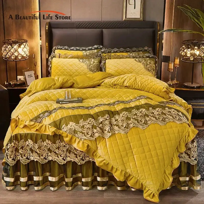 Luxurious mustard-yellow quilted bedding set with gold lace trim and ruffles from decorbites black gold luxury collection