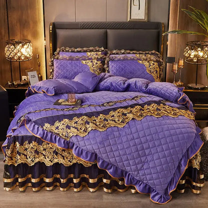 Purple quilted bedding set with gold lace trim and ruffled edges from decorbites black gold luxury collection