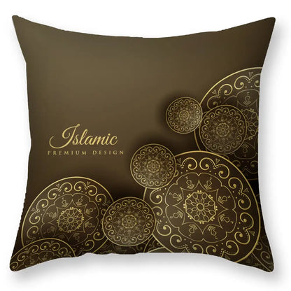 Brown throw pillow with intricate gold islamic geometric patterns in decorbites black gold mandala luxury printed pillowcase