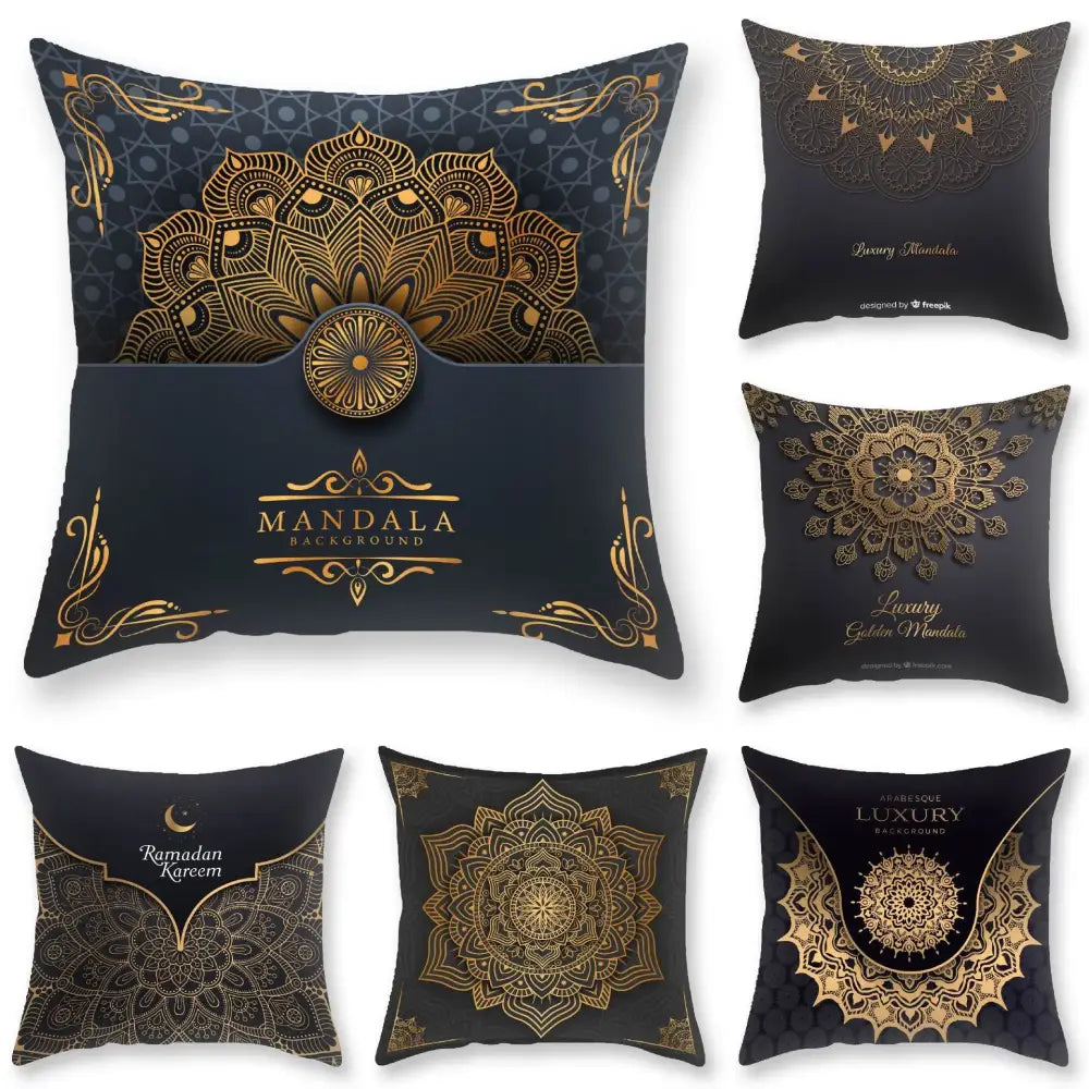 DecorBites black gold luxury printed pillowcase with intricate gold mandala designs and ornate borders on black fabric