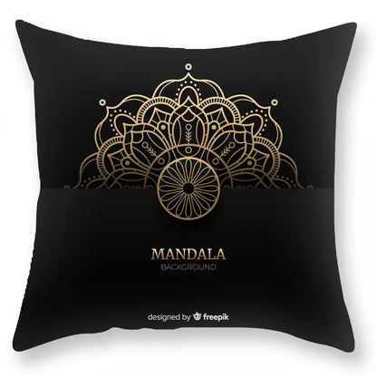DecorBites black gold mandala luxury printed pillowcase featuring intricate gold mandala design on black fabric
