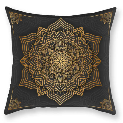 Decorbites black gold luxury throw pillow with intricate gold mandala floral and geometric patterns on black fabric
