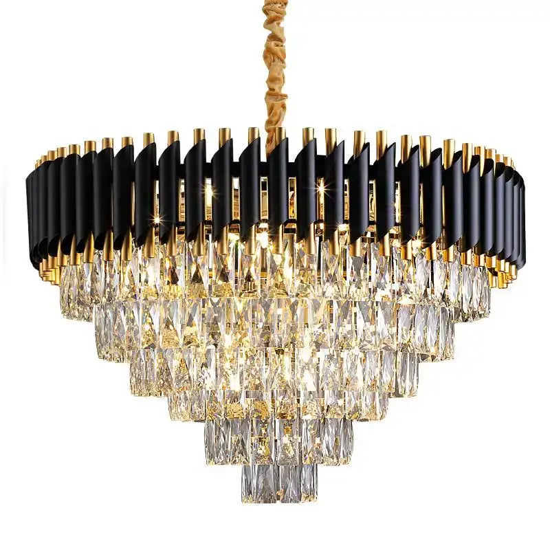 Decorbites black gold metal led chandelier with cascading clear crystal prisms for living room and dining areas
