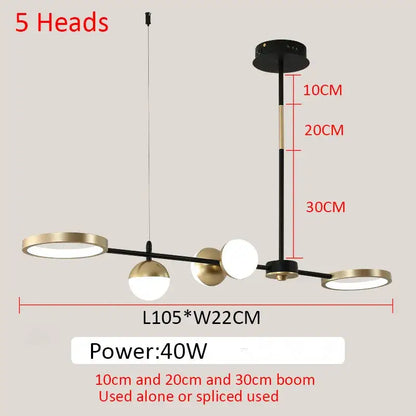 Modern black gold minimalist chandelier with five circular led heads decorbites black gold for dining room decor