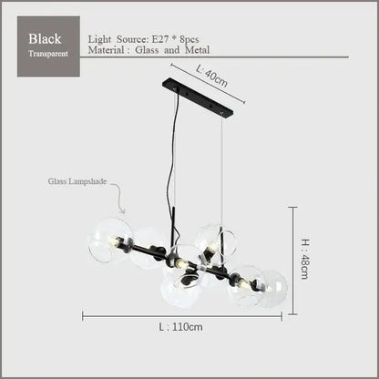 Decorbites black gold molecule chandelier with black metal frame and eight glass spheres for modern loft lighting