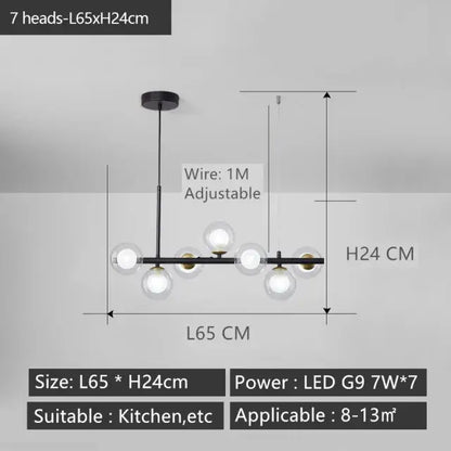DecorBites black gold nordic pendant chandelier with seven clear glass globes and gold accents for modern lighting
