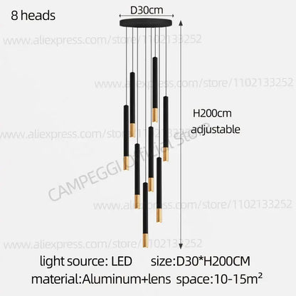 Decorbites black gold pendant lamp with eight adjustable led heads in modern nordic indoor lighting design