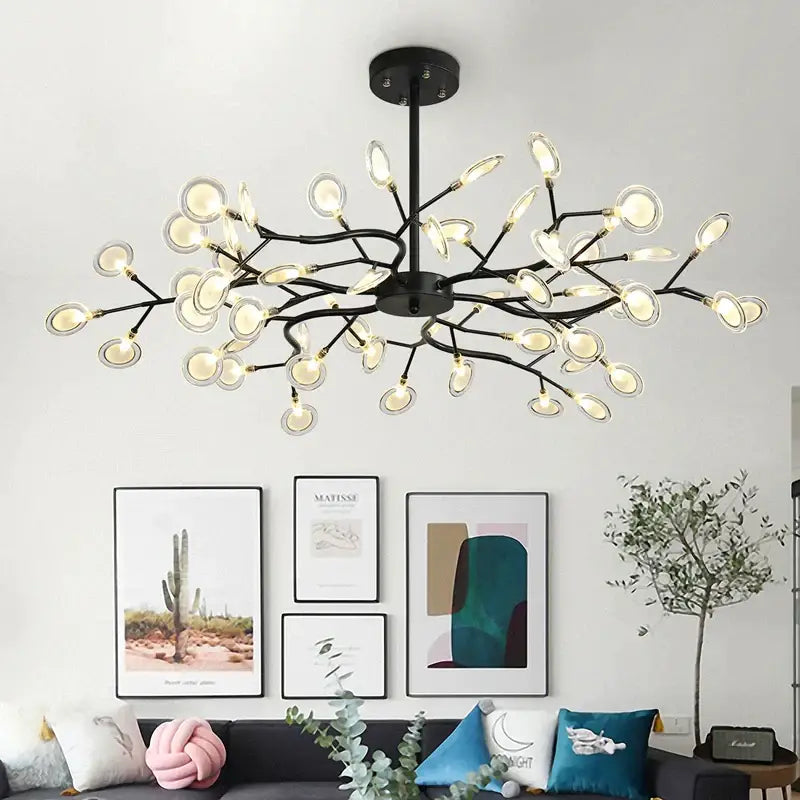 DecorBites black gold tree branch chandelier with black metal arms and frosted glass globes for vintage living room decor