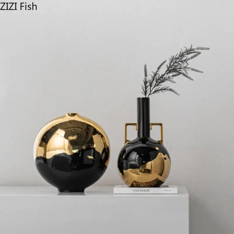 Decorbites black golden ceramic vases with shiny reflective surfaces featuring spherical and tall neck designs for decor