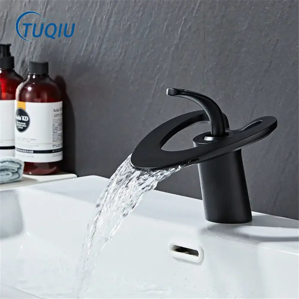 DecorBites™ black gray brass waterfall basin faucet with matte finish and sleek curved spout for hot cold mixer tap