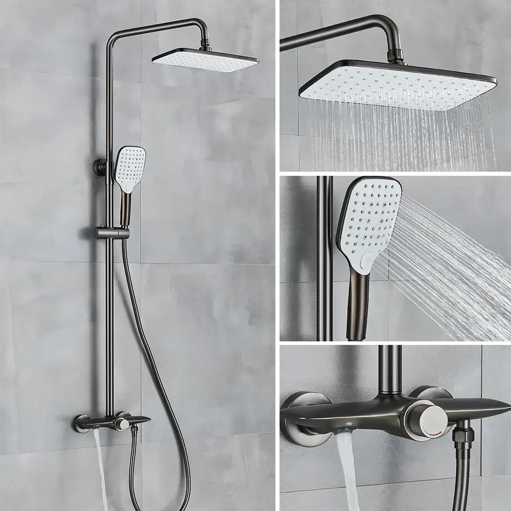 Modern matte black decorbites black gray wall mounted shower system set with rectangular rainhead and handheld spray