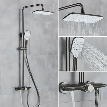 Modern matte black decorbites black gray wall mounted shower system set with rectangular rainhead and handheld spray