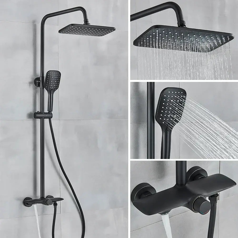 Decorbites black gray wall mounted shower system with black matte rectangular rainhead handheld spray and control valve