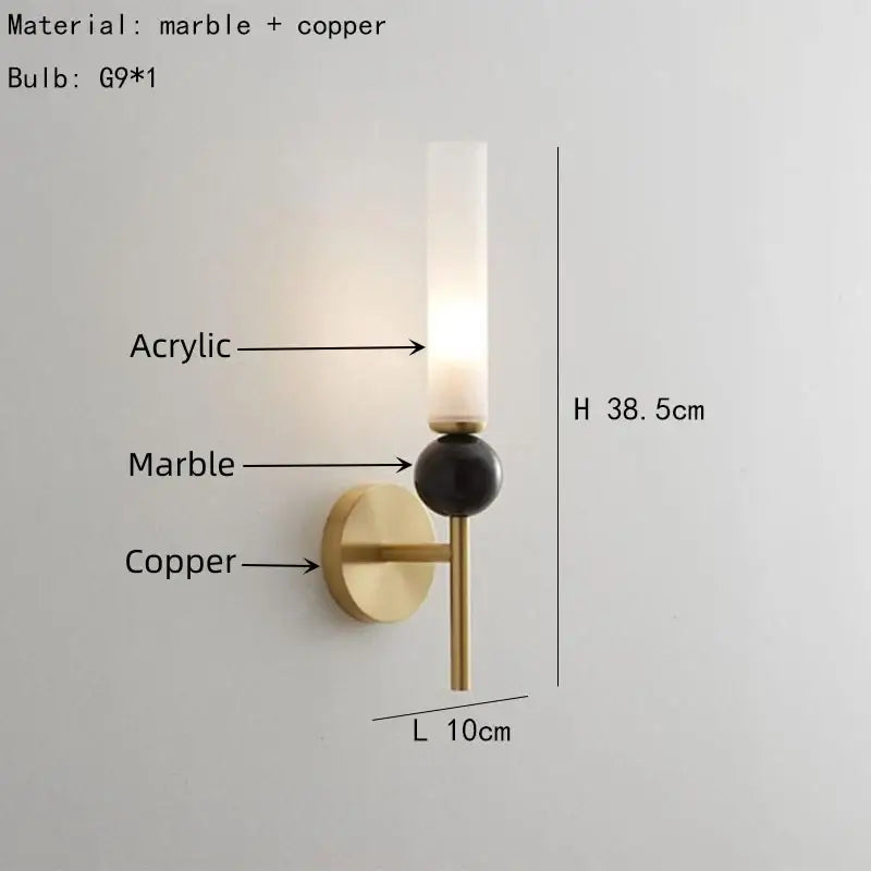 Modern wall lamp with copper acrylic lampshade and black green marble sphere for warm ambient lighting by DecorBites™