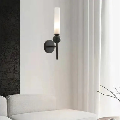 Modern black metal wall lamp sconce with frosted glass cylinder and copper acrylic lampshade accent