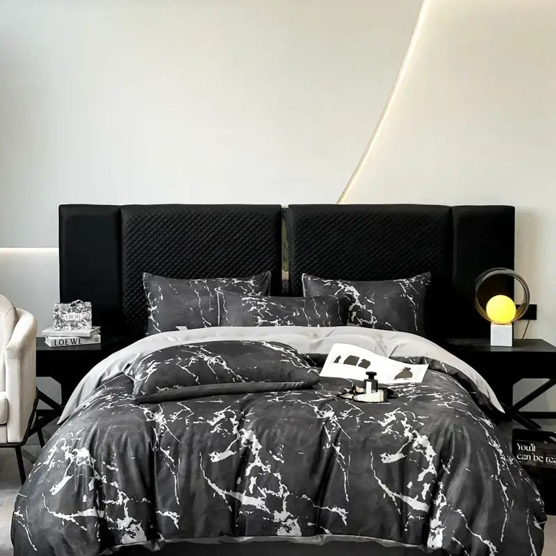 Decorbites™ black grey marble ice silk duvet cover set featuring a sleek modern black and white marble pattern cover set