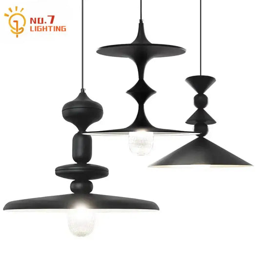 Decorbites black gyroscope pendant lights with black matte finish sculptural tiered design and exposed g9 led bulbs