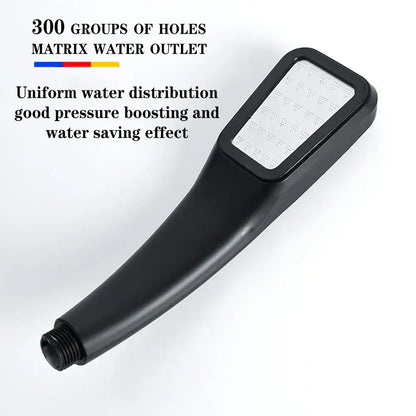 Decorbites™ black plastic high pressure rainfall shower head with rectangular face featuring 300 small holes for uniform water distribution