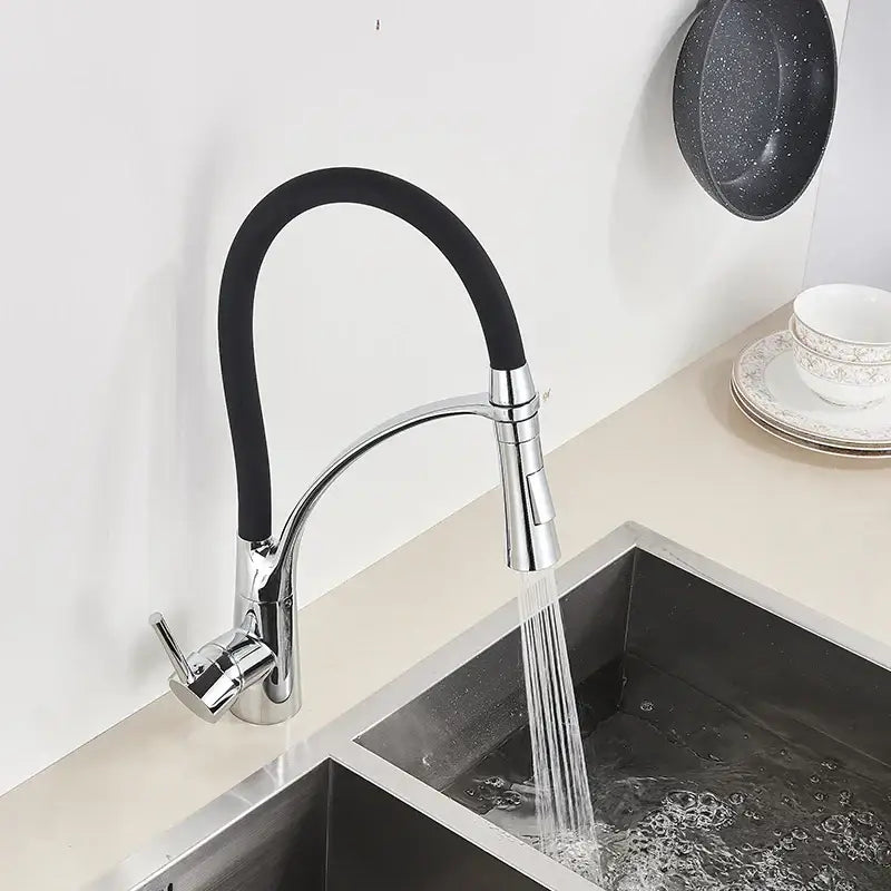 Decorbites black hose kitchen faucet with chrome finish single handle and flexible pull down spray head in black rubber hose