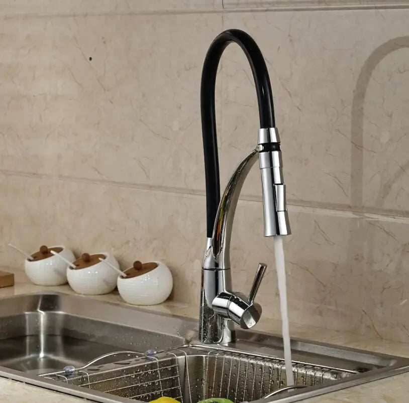 Decorbites™ black hose kitchen mixer tap with chrome finish and single handle stream sprayer in a modern design